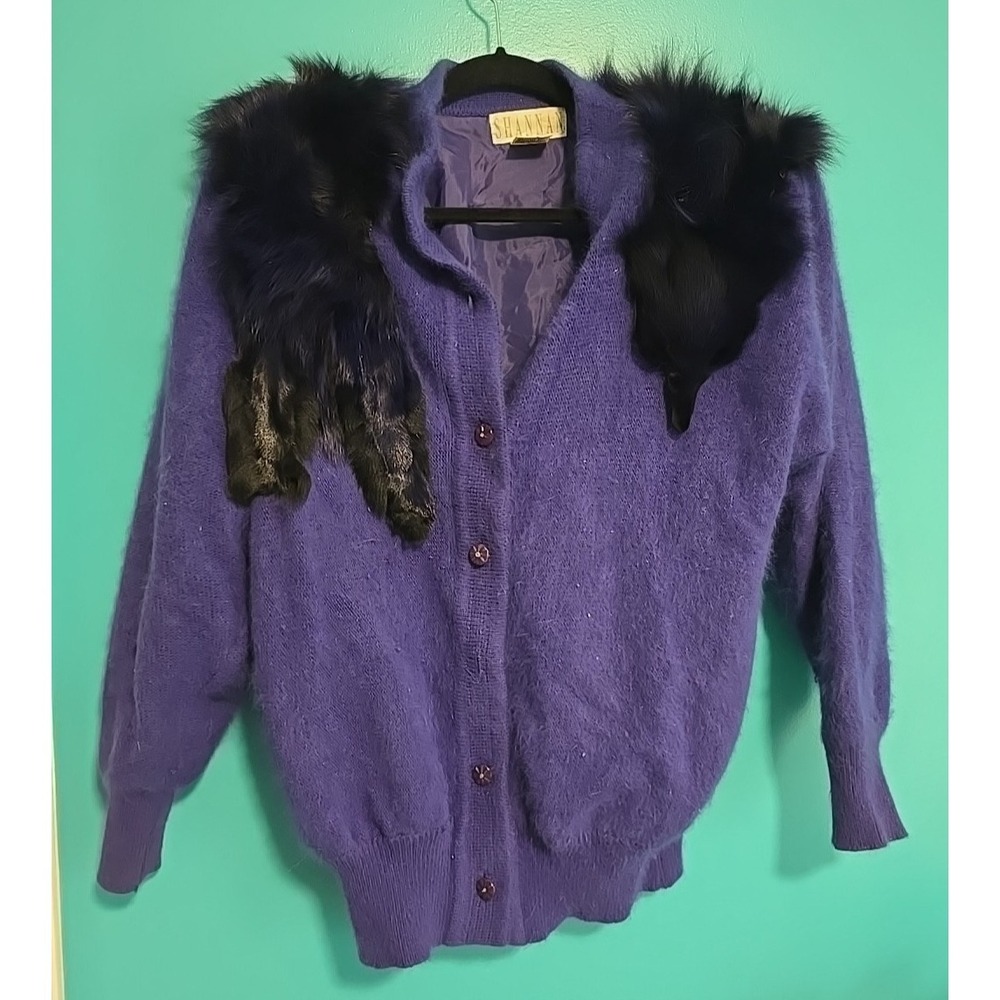 vtg 80s  purple Angora rabbit hair wool blend Silver Fox collar Cardigan Sweater